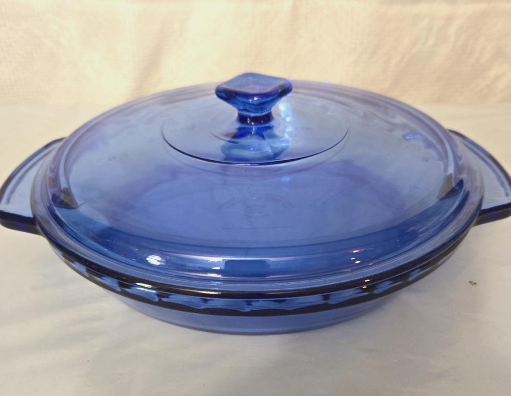 Anchor Hocking Cobalt Blue 1 Qt 9.5" Covered Casserole Dish w Lid Scalloped Edge
